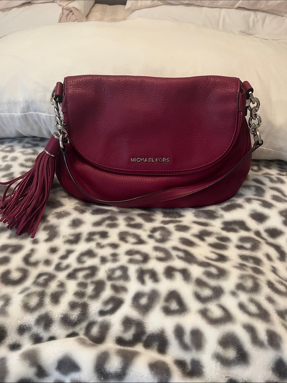 Michael Kors Raspberry Pebbled Leather Shoulder Bag with Tassel